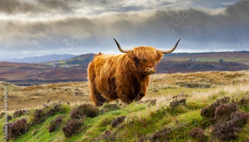 Valokuva a majestic golden brown highland bull photographed in isle of islay scotland