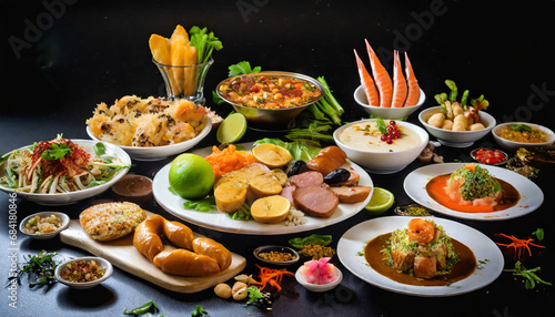a diverse selection of different types of food arranged on a black table this image can be used to showcase a wide range of dishes and cuisines