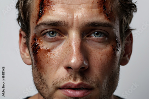 A man with scars and burns on his face. close-up portrait on a white background. after a fire with a burning face and abrasions.