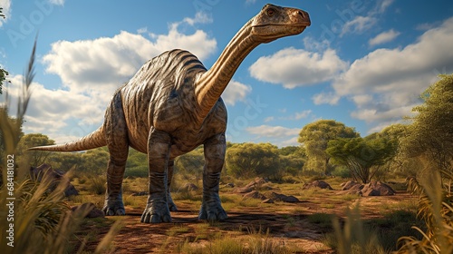 Big alamosaurus with a long neck. Herbivorous dinosaur sauropod of the Jurassic period. photo