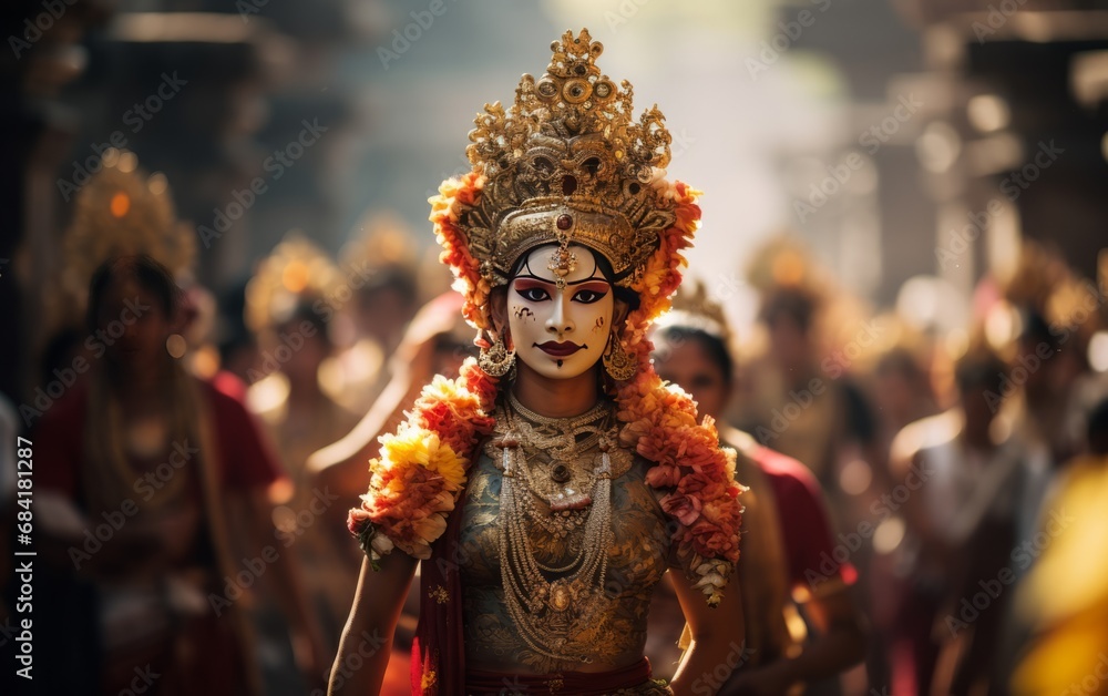 Majestic Figure in Traditional Balinese Costume and Mask