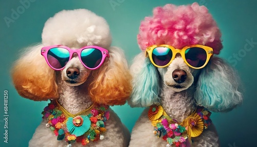two lovely poodles wearing sunglasses with vibrant colored frames and colorful hair adorned with vintage accessories studio photography ai generative image photo