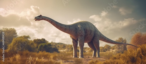 Big brachiosaurus with a long neck. Herbivorous dinosaur of the Jurassic period. © dheograft