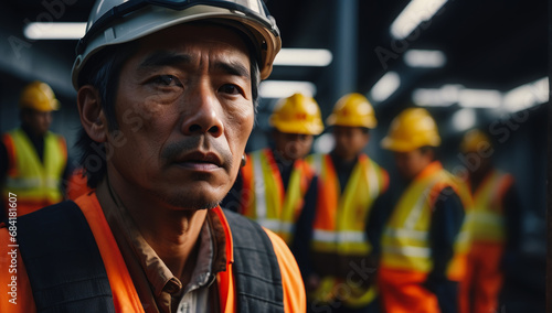 Portrait asian man working construction site, wearing construction helmet and a work vest, tired, middle-aged or older. Construction site professional: the guy is an engineer.