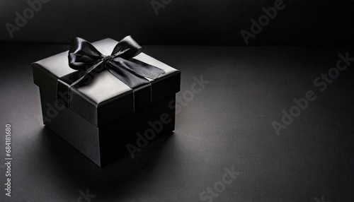 black gift box on black background with empty space for text