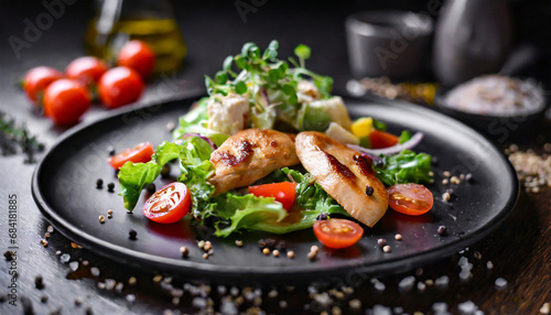 a delicious salad and tender chicken served on a black plate perfect for a healthy meal or restaurant menu