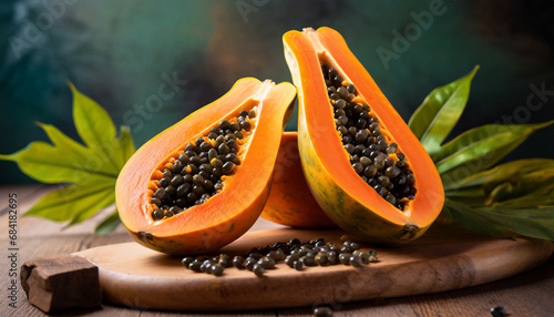 papaya halves of fresh juicy orange tropical fruit photo