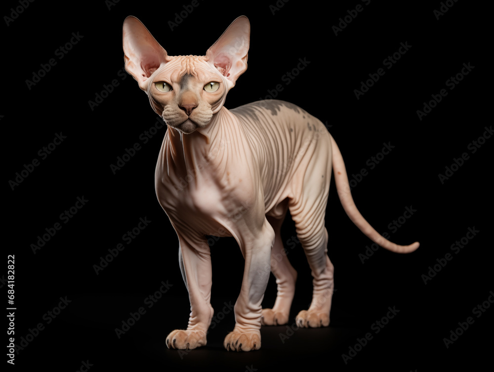Purebred cat of the Sphynx breed in full growth. Isolated on a black background.