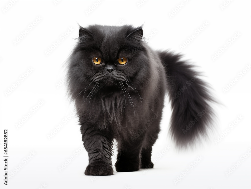 Purebred fluffy cat of Persian breed in full height. Isolated on a white background.