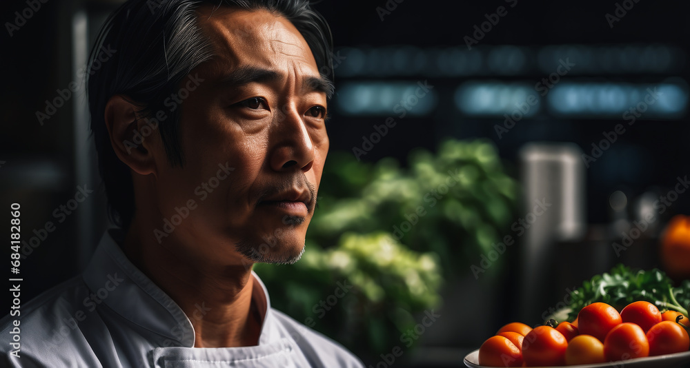 Asian chef in the kitchen in a cafe. man in modern hotel or restaurant kitchen. against a background of vegetables. at work in uniform Asian chef in the kitchen in a cafe. man in modern hotel or restaurant kitchen. against a background of vegetables. at work in uniform
