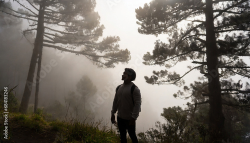silhouette of a man in the forest in the fog