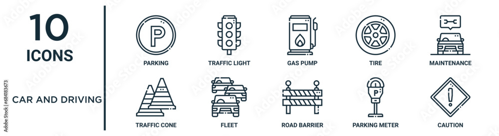 Vecteur Stock car and driving linear icon set. includes thin line ...