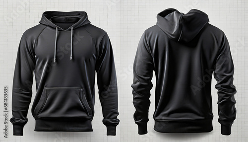 set of black front and back view tee hoodie hoody sweatshirt on transparent background cutout png file mockup template for artwork graphic design