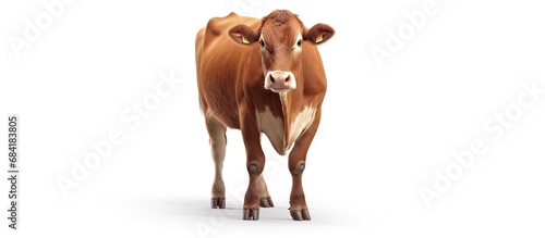 realistic ginger brown cow. dairy cattle. Swiss Brown, Ayrshire, Holstein, Milking White and Brown horns, Guernsey and Jersey Cow. beef photo