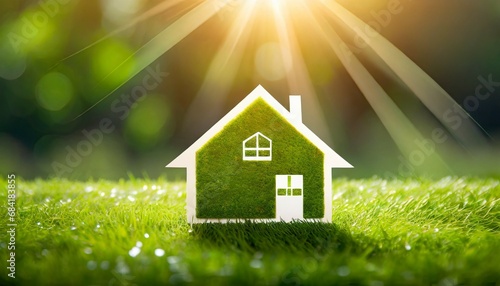 the image portrays a conceptual representation of a green home and environmentally friendly construction it includes a house icon placed on a lush green lawn with the sun shining overhead photo