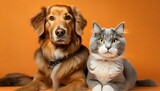 dog and cat sitting for photo isolated on orange studio background