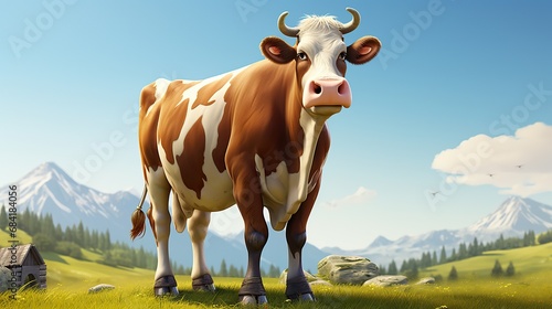 Cute brown cow stands in the meadow. Cartoon farm animals  agriculture  rustic. Simple vector flat illustration on white background with blue clouds and green grass.