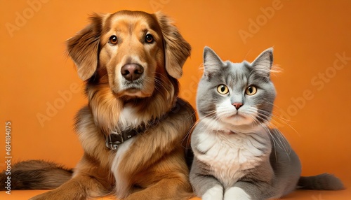 dog and cat sitting for photo isolated on orange studio background © Enzo