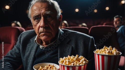 an adult man in a movie theater. Cinema with popcorn. An elderly sad man is watching a drama. 