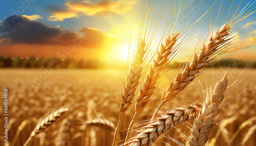 wheat field on the background of the setting sun majestic rural landscape golden ears in the sunlight