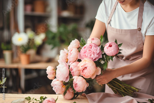 Fototapeta Naklejka Na Ścianę i Meble -  Young woman make a peony bouquet on floral shop, florist workplace