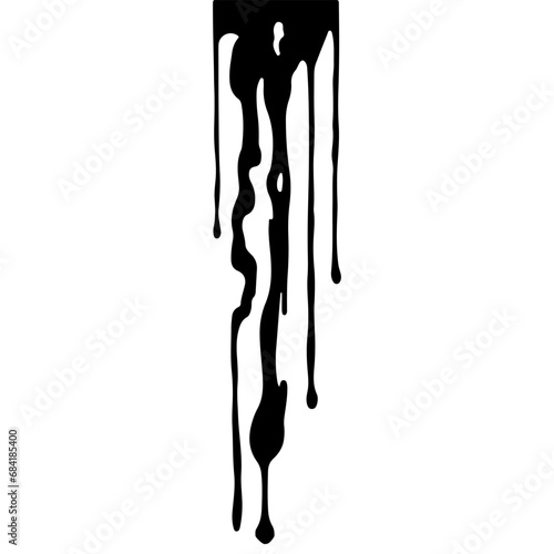 Abstract Dripping Paint. Black ink flows down in long streams and drops. The flowing black liquid. Droplets. Dirty grunge texture. Vector illustration isolated on white background. Design element.
