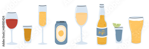 Alcoholic drinks collection flat trendy style.White and red wine, beer, champagne,whiskey, cognac,tequila. Vector illustration