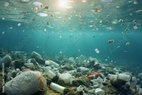 ocean pollution concept, a group of trash floating under the ocean, in the style of chaotic environments, natural lighting, ethical concerns, translucent layers, solarizing master