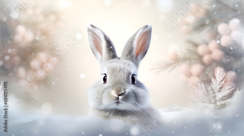 Snow-kissed Harmony A Stunning Rabbit Captured Against a Backdrop of Drifting Snow, Winter's Silent Poem The Resplendent Beauty of a Bunny Amidst Falling Snowflakes generative AI © Safia