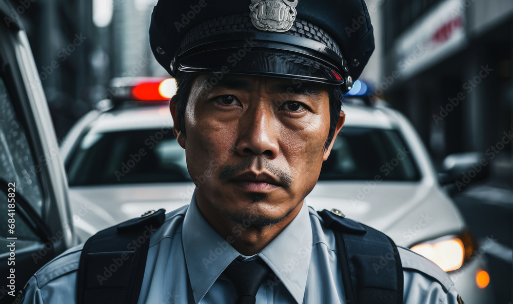 Portrait of a policeman on the street on patrol. man looking at camera, Asian officer in police uniform, auto security, communication control, close-up portrait, ready to help, order Portrait of a policeman on the street on patrol. man looking at camera, Asian officer in police uniform, auto security, communication control, close-up portrait, ready to help, order