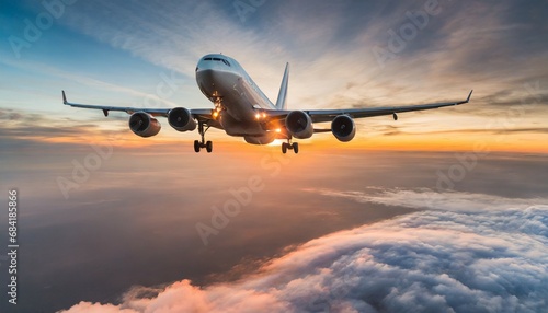 commercial airplane flying above dramatic clouds during sunset