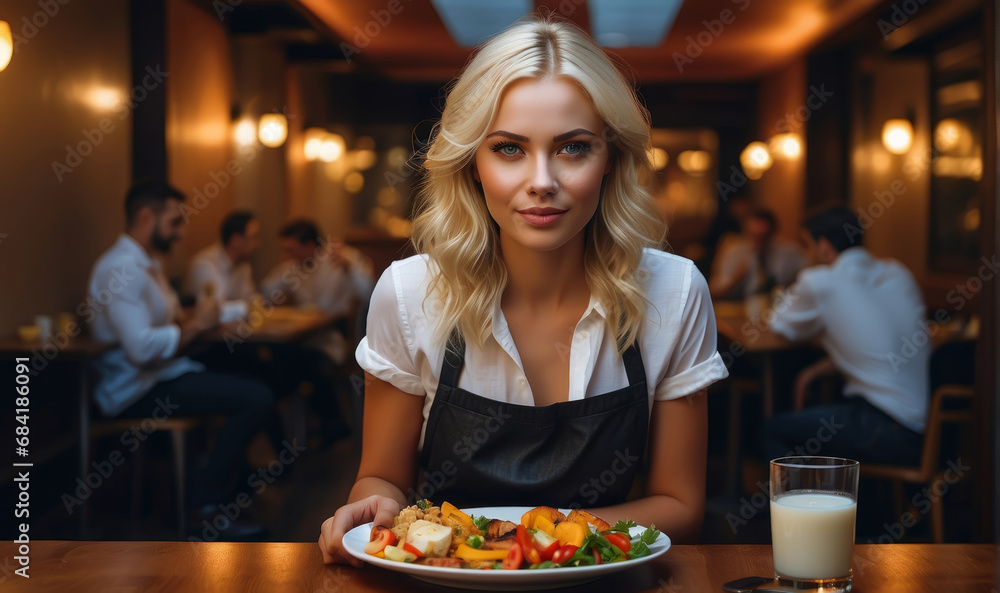 Portrait of a waitress serving food to customers in a restaurant, Happy woman employee of a technology small business in a cafe. barista girl. banner