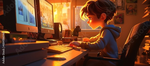 A boy sitting in front of laptop cartoon illustration photo