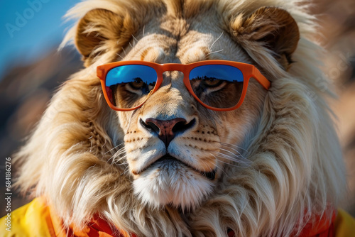 portrait of a funny white lion king in sunglasses and a windbreaker, made in bright colors, as in the picture. against the background of Africa. fashion concept © Roman