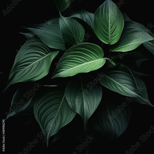 green leaves in black background created with Generative Ai