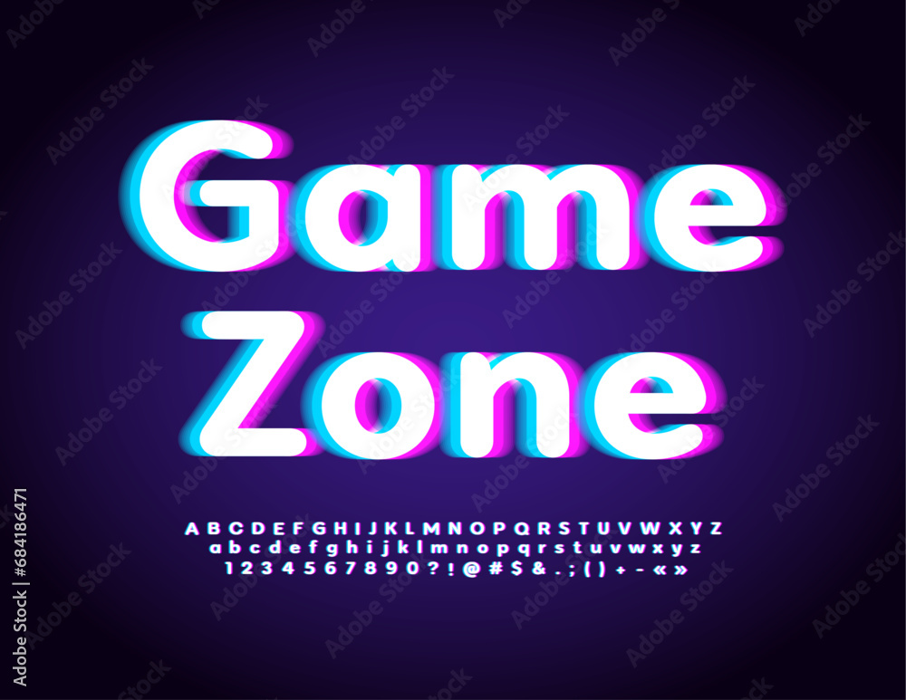 Vector trendy flyer Game Zone. Bright Digital Font. Futuristic style Alphabet Letters and Numbers set