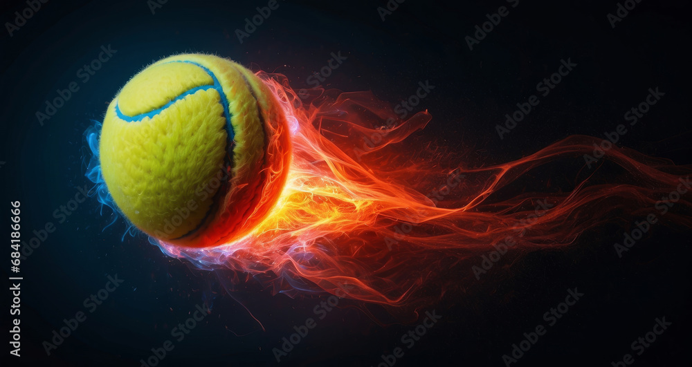 Tennis ball on fire, Freeze frame of a flying ball containing light green, electric sphere, plasma ball, abstract background, creative sports banner