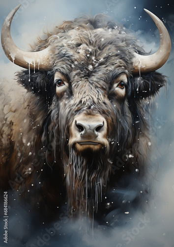 a bison covered in winter snow canvas art print created with Generative Ai