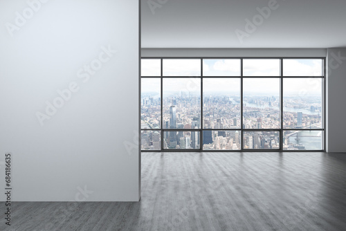 Downtown New York Lower Manhattan City Skyline Buildings from High Rise Window. Expensive Real Estate. Empty wall mockup room Interior Skyscrapers View Cityscape. Financial district. Day. 3d rendering