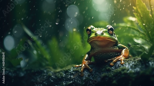 close up macro portrait of a frog in a rainy forest
