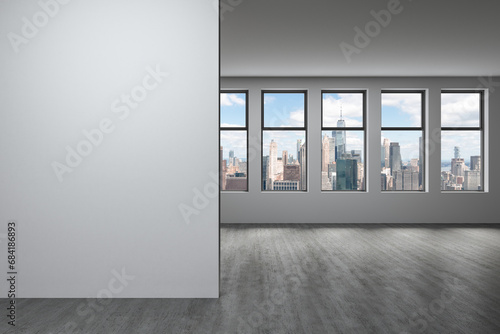 Downtown New York Lower Manhattan City Skyline Buildings from High Rise Window. Expensive Real Estate. Empty wall mockup room Interior Skyscrapers View Cityscape. Financial district. Day. 3d rendering