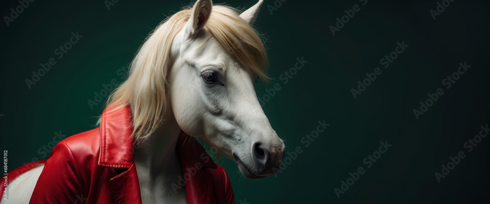 Cool looking horse dog wearing funky fashion dress - bright red jacket, vest,. Wide dark-green banner with space for text right side. Stylish animal posing as supermodel