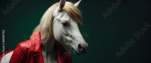 Obraz na płótnie Cool looking horse dog wearing funky fashion dress - bright red jacket, vest,. Wide dark-green banner with space for text right side. Stylish animal posing as supermodel w salonie