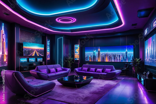 luxury hotel room in cyberpunk style
