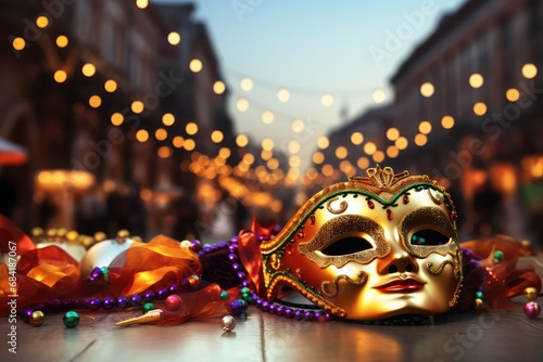 Golden mardi gras or carnival mask on an unfocused street with a party parade background banner with copyspace for text photo