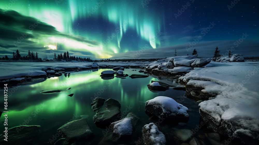 Aurora borealis illuminating a remote Arctic tundra, ice-covered pond in the foreground