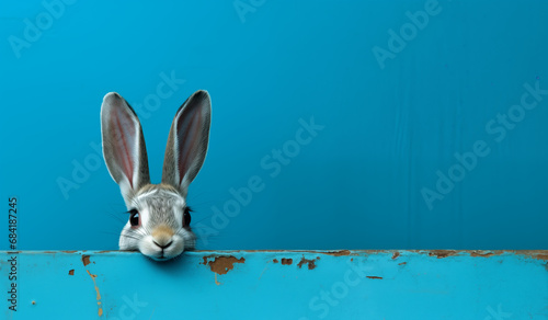 Hare peeking out from behind the fence, blue background. Easter wallpaper with copy space on the right.
