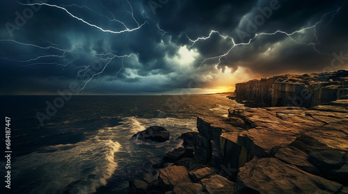 Majestic cliffs overlooking a stormy ocean, dark clouds gathering, lightning in the distance
