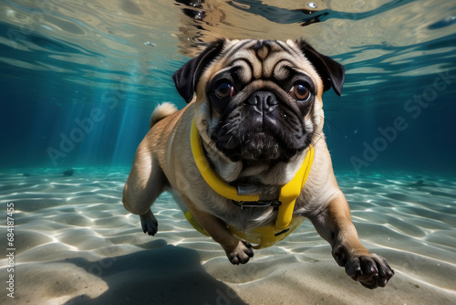 pug in the water. a dog on vacation by the lake in the pool. A small purebred breed looks charming, a perfect portrait of a beloved pet. © Roman