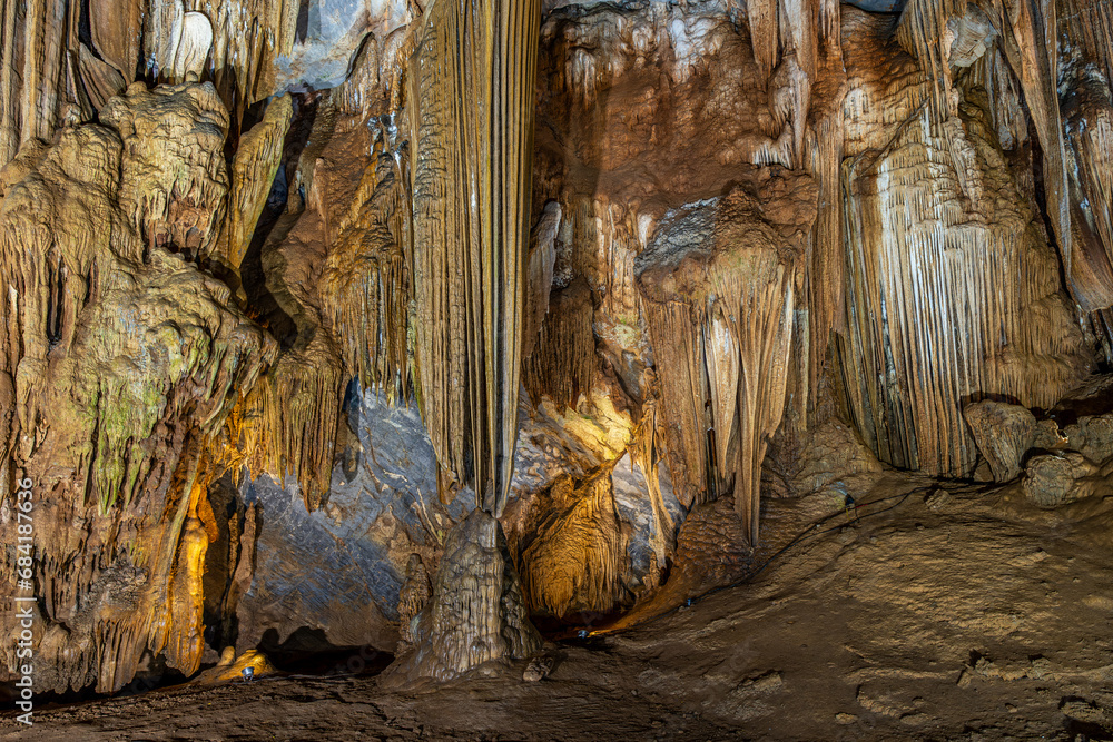 Stalagmite and stalactite formation in the Paradise cave in Vietnam